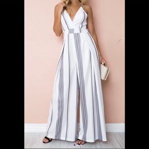 Adorable Blue-gray, white striped women’s jumpsuit